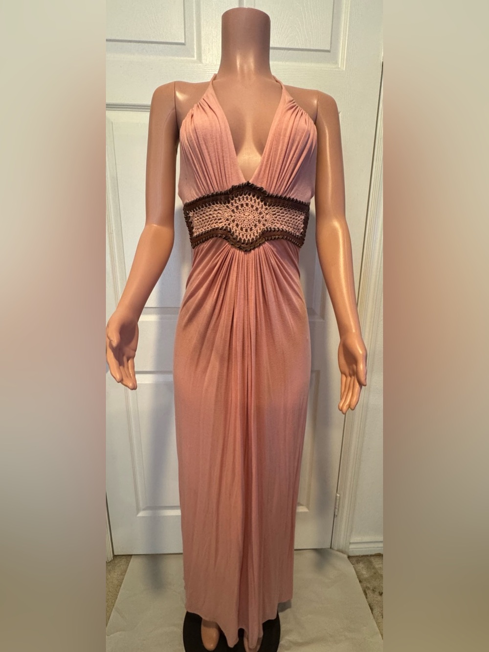 Sky Brand Rose Pink Maxi Dress with Brown Crochet Waist Size S - Picture 9 of 9